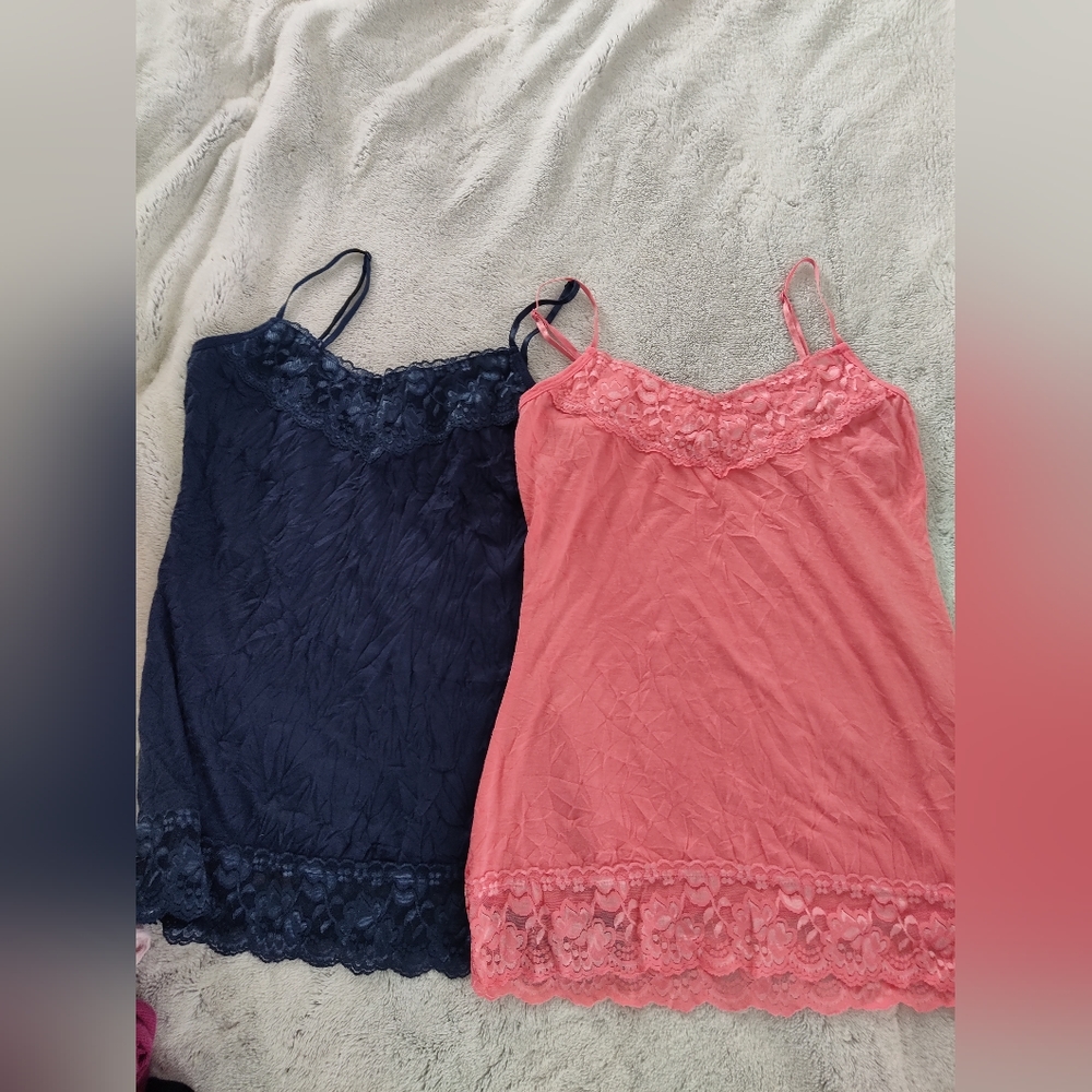 Maurices crinkle lace cami's with adjustable straps. Size small navy and coral
